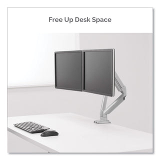Fellowes® Platinum Series Dual Monitor Arm, For 27" Monitors, 360 deg Rotation, 45 deg Tilt, 180 deg Pan, Silver, Supports 20 lb (FEL8056501)