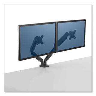 Fellowes® Platinum Series Dual Monitor Arm for 27" Monitors, 360 deg Rotation, +85 deg/-20 deg Tilt, 360 deg Pan, Black, Supports 20 lb (FEL8042501)