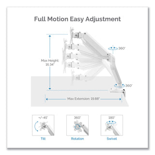 Fellowes® Platinum Series Dual Monitor Arm, For 27" Monitors, 360 deg Rotation, 45 deg Tilt, 180 deg Pan, White, Supports 20 lb (FEL8056301)