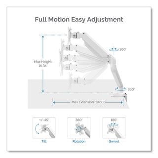 Fellowes® Platinum Series Single Monitor Arm, For 27" Monitors, 360 deg Rotation, 45 deg Tilt, 180 deg Pan, White, Supports 20 lb (FEL8056201)
