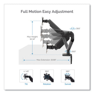 Fellowes® Platinum Series Dual Monitor Arm for 27" Monitors, 360 deg Rotation, +85 deg/-20 deg Tilt, 360 deg Pan, Black, Supports 20 lb (FEL8042501)