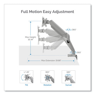 Fellowes® Platinum Series Dual Monitor Arm, For 27" Monitors, 360 deg Rotation, 45 deg Tilt, 180 deg Pan, Silver, Supports 20 lb (FEL8056501)