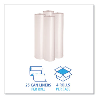 Boardwalk® Recycled Low-Density Polyethylene Can Liners, 56 gal, 1.1 mil, 43" x 47", Clear, 10 Bags/Roll, 10 Rolls/Carton (BWK532)