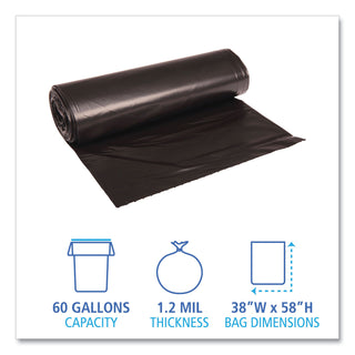 Boardwalk® Recycled Low-Density Polyethylene Can Liners, 60 gal, 1.2 mil, 38" x 58", Black, 10 Bags/Roll, 10 Rolls/Carton (BWK519)