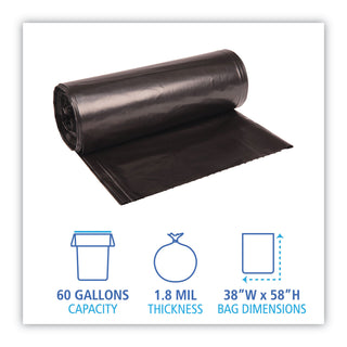 Boardwalk® Recycled Low-Density Polyethylene Can Liners, 60 gal, 1.8 mil, 38" x 58", Black, 10 Bags/Roll, 10 Rolls/Carton (BWK526)