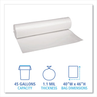 Boardwalk® Recycled Low-Density Polyethylene Can Liners, 45 gal, 1.1 mil, 40" x 46", Clear, 10 Bags/Roll, 10 Rolls/Carton (BWK531)
