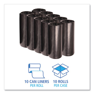 Boardwalk® Recycled Low-Density Polyethylene Can Liners, 60 gal, 1.8 mil, 38" x 58", Black, 10 Bags/Roll, 10 Rolls/Carton (BWK526)