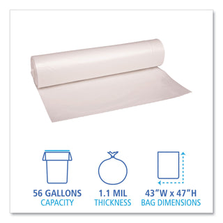Boardwalk® Recycled Low-Density Polyethylene Can Liners, 56 gal, 1.1 mil, 43" x 47", Clear, 10 Bags/Roll, 10 Rolls/Carton (BWK532)