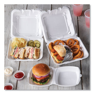Pactiv Evergreen Foam Hinged Lid Containers, Dual Tab Lock, 8.42 x 8.15 x 3, 3-Compartment, White, 150/Carton (PCTYTD188030000)