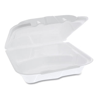 Pactiv Evergreen Foam Hinged Lid Containers, Dual Tab Lock, 8.42 x 8.15 x 3, 3-Compartment, White, 150/Carton (PCTYTD188030000)