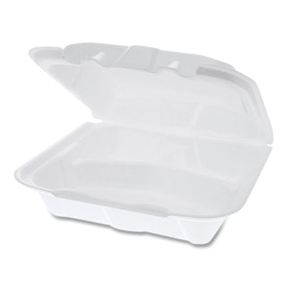Pactiv Evergreen Foam Hinged Lid Containers, Dual Tab Lock, 8.42 x 8.15 x 3, 3-Compartment, White, 150/Carton (PCTYTD188030000)