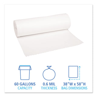 Boardwalk® Low-Density Waste Can Liners, 60 gal, 0.6 mil, 38" x 58", White, 25 Bags/Roll, 4 Rolls/Carton (BWK3858EXH)