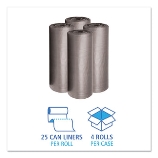 Boardwalk® Low-Density Waste Can Liners, 60 gal, 0.95 mil, 38" x 58", Gray, 25 Bags/Roll, 4 Rolls/Carton (BWK528)