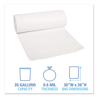 Boardwalk® Low-Density Waste Can Liners, 30 gal, 0.6 mil, 30" x 36", White, 25 Bags/Roll, 8 Rolls/Carton (BWK3036EXH)