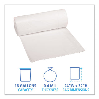 Boardwalk® Low-Density Waste Can Liners, 16 gal, 0.4 mil, 24" x 32", White, 25 Bags/Roll, 20 Rolls/Carton (BWK2432EXH)