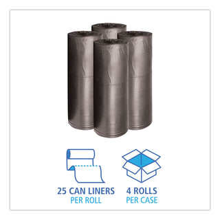 Boardwalk® Low-Density Waste Can Liners, 60 gal, 0.65 mil, 38" x 58", Black, 25 Bags/Roll, 4 Rolls/Carton (BWK3858H)