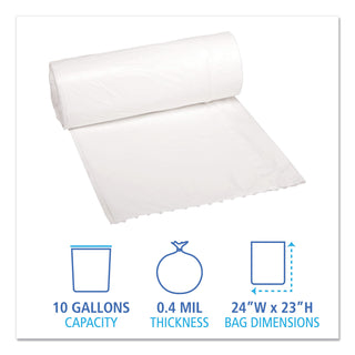 Boardwalk® Low-Density Waste Can Liners, 10 gal, 0.4 mil, 24" x 23", White, 25 Bags/Roll, 20 Rolls/Carton (BWK2423EXH)