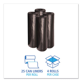 Boardwalk® Low-Density Waste Can Liners, 56 gal, 0.6 mil, 43" x 47", Black, 25 Bags/Roll, 4 Rolls/Carton (BWK4347H)