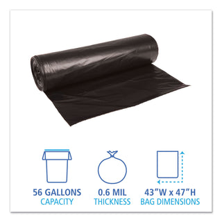 Boardwalk® Low-Density Waste Can Liners, 56 gal, 0.6 mil, 43" x 47", Black, 25 Bags/Roll, 4 Rolls/Carton (BWK4347H)