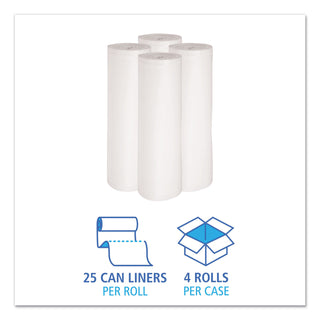 Boardwalk® Low-Density Waste Can Liners, 60 gal, 0.6 mil, 38" x 58", White, 25 Bags/Roll, 4 Rolls/Carton (BWK3858EXH)