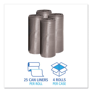 Boardwalk® Low-Density Waste Can Liners, 33 gal, 1.1 mil, 33" x 39", Gray, 25 Bags/Roll, 4 Rolls/Carton (BWK3339SEH)