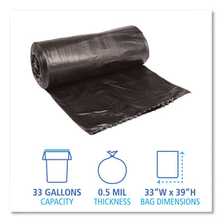 Boardwalk® Low-Density Waste Can Liners, 33 gal, 0.5 mil, 33" x 39", Black, 25 Bags/Roll, 8 Rolls/Carton (BWK3339H)
