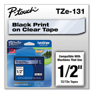 Brother TZe Standard Adhesive Laminated Labeling Tape, 0.47" x 26.2 ft, Black on Clear (BRTTZE131)