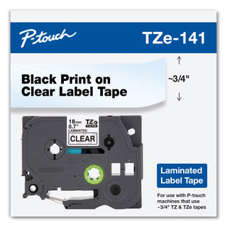 Brother TZe Standard Adhesive Laminated Labeling Tape, 0.7" x 26.2 ft, Black on Clear (BRTTZE141)