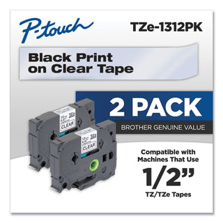 Brother TZe Standard Adhesive Laminated Labeling Tapes, 0.47" x 26.2 ft, Black on Clear, 2/Pack (BRTTZE1312PK)