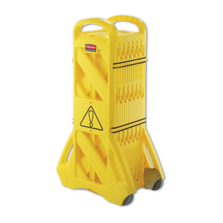 Rubbermaid® Commercial Portable Mobile Safety Barrier, 16 Panels, 2 Wheels, Bright Yellow (RUB9S1100YEL)