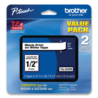 Brother TZe Standard Adhesive Laminated Labeling Tapes, 0.47" x 26.2 ft, Black on White, 2/Pack (BRTTZE2312PK)