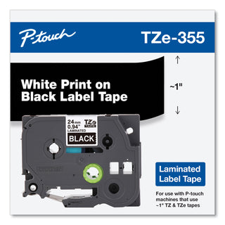 Brother TZe Standard Adhesive Laminated Labeling Tape, 0.94" x 26.2 ft, White on Black (BRTTZE355)