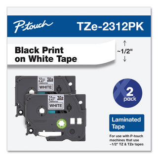 Brother TZe Standard Adhesive Laminated Labeling Tapes, 0.47" x 26.2 ft, Black on White, 2/Pack (BRTTZE2312PK)