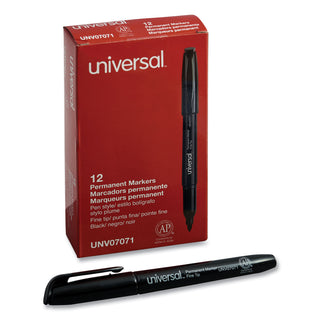 Universal® Pen-Style Permanent Marker, Fine Bullet Tip, Black, Dozen (UNV07071)