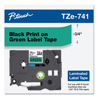Brother TZe Standard Adhesive Laminated Labeling Tape, 0.7" x 26.2 ft, Black on Green (BRTTZE741)
