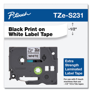 Brother TZe Extra-Strength Adhesive Laminated Labeling Tape, 0.47" x 26.2 ft, Black on White (BRTTZES231)
