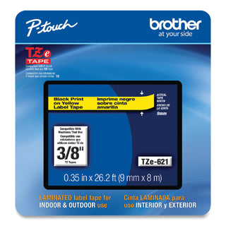 Brother TZe Laminated Removable Label Tapes, 0.35" x 26.2 ft, Black on Yellow (BRTTZE621CS)