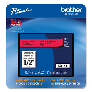 Brother TZe Laminated Removable Label Tapes, 0.47" x 26.2 ft, Black on Red (BRTTZE431CS)