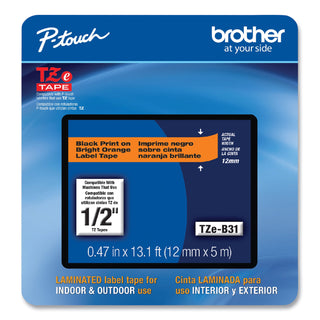 Brother TZe Laminated Removable Label Tapes, 0.47" x 26.2 ft, Black on Orange (BRTTZEB31CS)