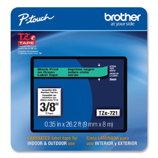 Brother TZe Laminated Removable Label Tapes, 0.35" x 26.2 ft, Black on Green (BRTTZE721CS)