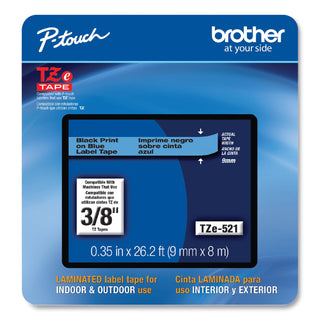 Brother TZe Laminated Removable Label Tapes, 0.35" x 26.2 ft, Black on Blue (BRTTZE521CS)