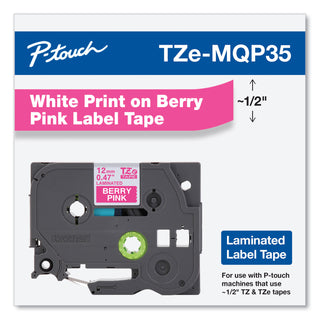 Brother TZ Standard Adhesive Laminated Labeling Tape, 0.47" x 16.4 ft, White/Berry Pink (BRTTZEMQP35)