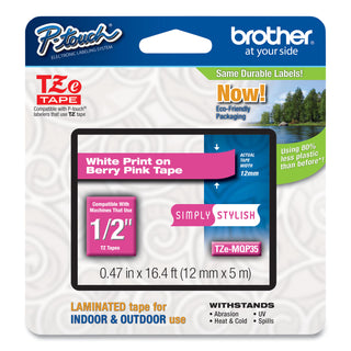 Brother TZ Standard Adhesive Laminated Labeling Tape, 0.47" x 16.4 ft, White/Berry Pink (BRTTZEMQP35)