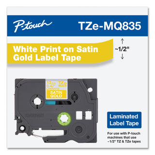 Brother TZ Standard Adhesive Laminated Labeling Tape, 0.47" x 16.4 ft, White/Satin Gold (BRTTZEMQ835)