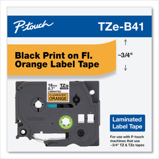 Brother TZ Standard Adhesive Laminated Labeling Tape, 0.7" x 16.4 ft, Black on Fluorescent Orange (BRTTZEB41)