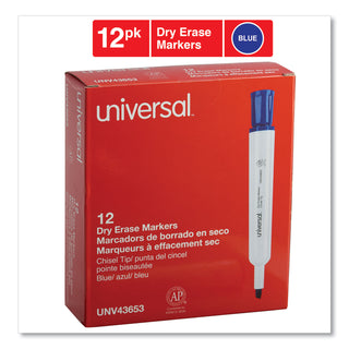 Universal® Dry Erase Marker, Broad Chisel Tip, Blue, Dozen (UNV43653)
