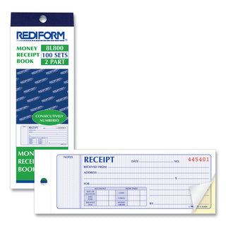 Rediform® Receipt Book, Two-Part Carbonless, 7 x 2.75, 4 Forms/Sheet, 100 Forms Total (RED8L800)