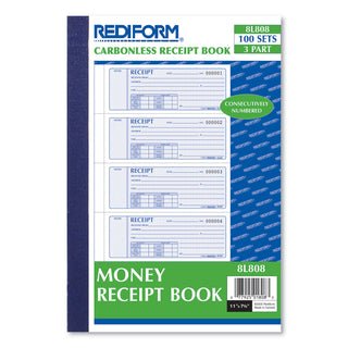 Rediform® Money Receipt Book, Softcover, Three-Part Carbonless, 7 x 2.75, 4 Forms/Sheet, 100 Forms Total (RED8L808)