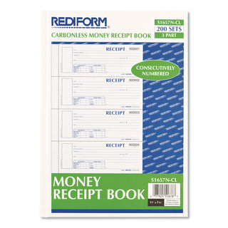 Rediform® Durable Hardcover Numbered Money Receipt Book, Three-Part Carbonless, 6.88 x 2.75, 4 Forms/Sheet, 200 Forms Total (REDS1657NCL)
