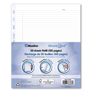 Blueline® MiracleBind Ruled Paper Refill Sheets for all MiracleBind Notebooks and Planners, 11 x 9.06, White/Blue Sheets, Undated (REDAFR11050R)